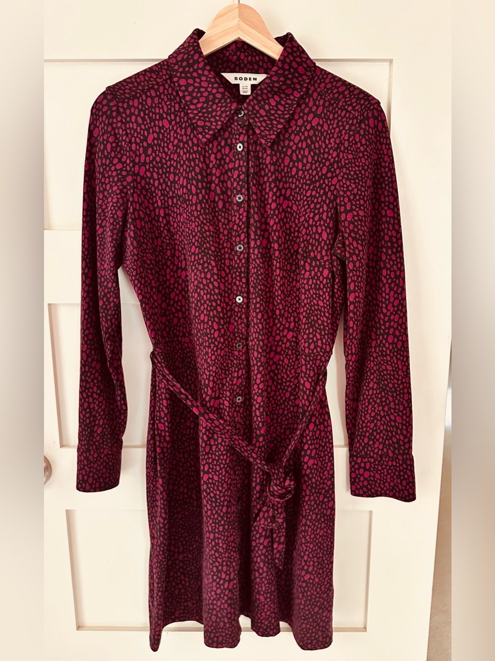 Boden Long-Sleeve Shirt Dress in Berry and Dark Plum Spot